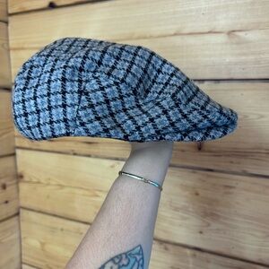 Brixton Wool Plaid Sz Large 7.5 Black Gray Checkered Flat Cap Paperboy Retro VTG